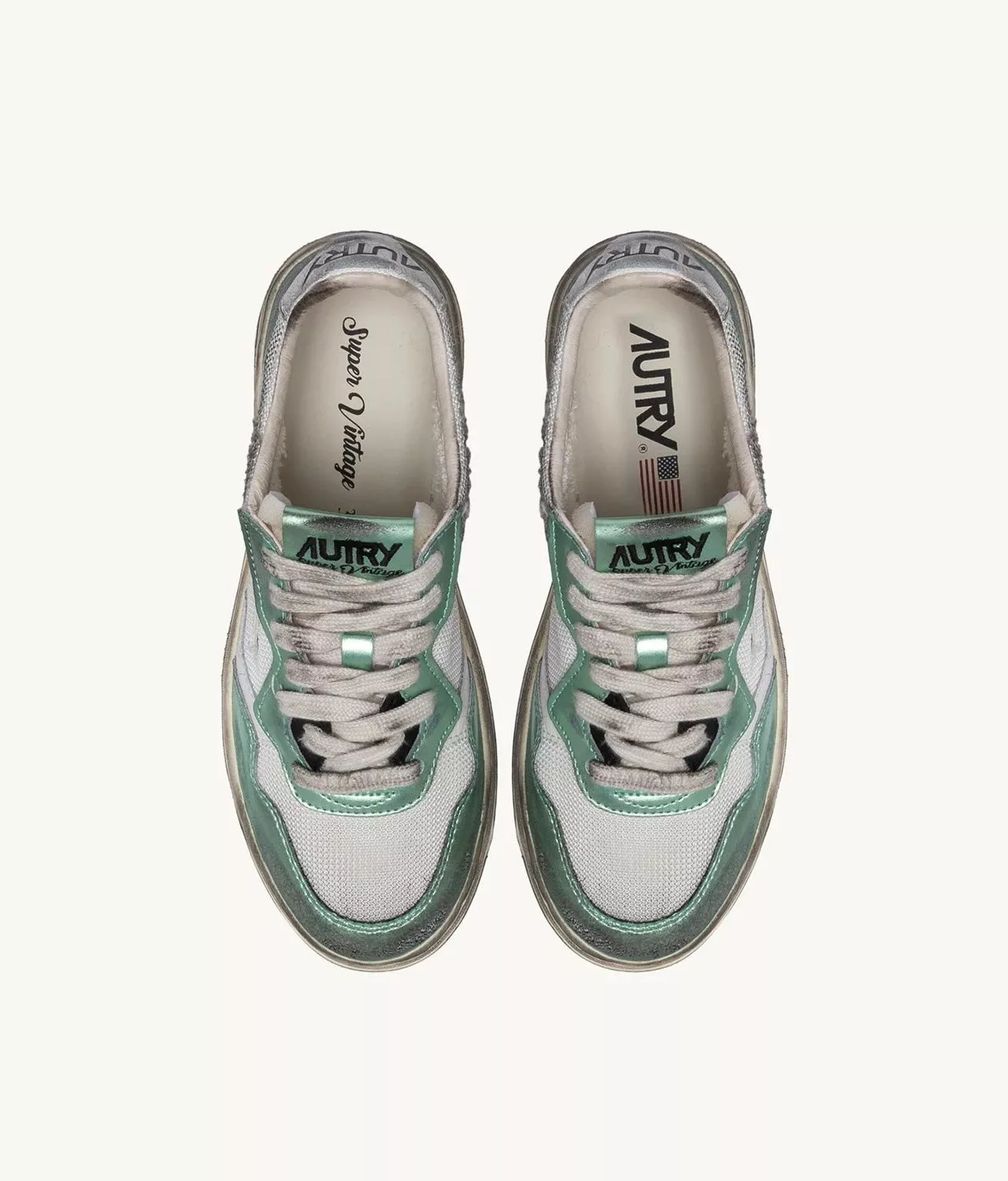 AUTRY - SUPER VINTAGE MEDALIST LOW SNEAKERS IN WHITE MESH, PASTEL GREEN SUEDE AND WHITE LEATHER